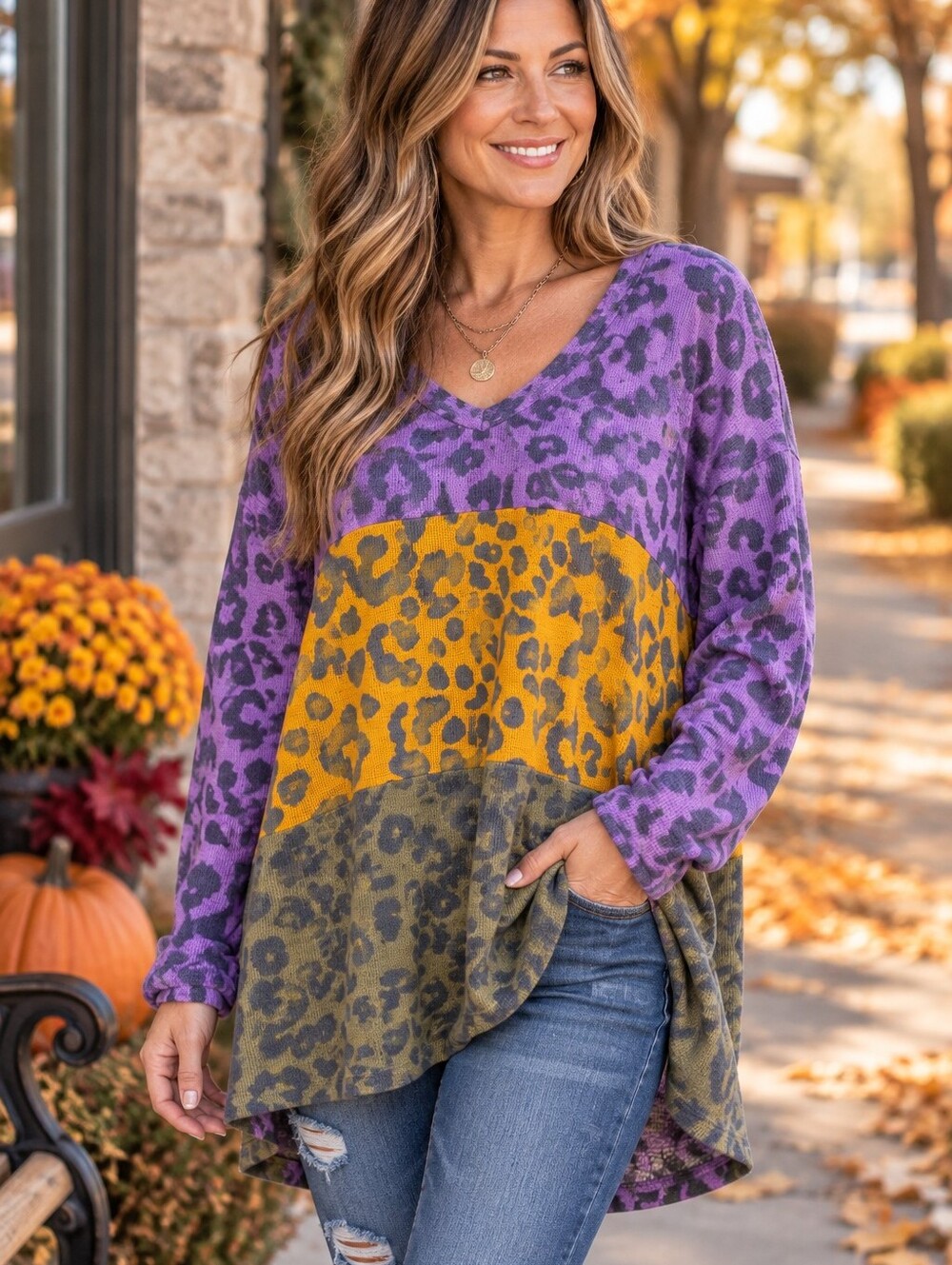 BIBI Purple Mustard Olive Leopard Color Block V-Neck Tunic L